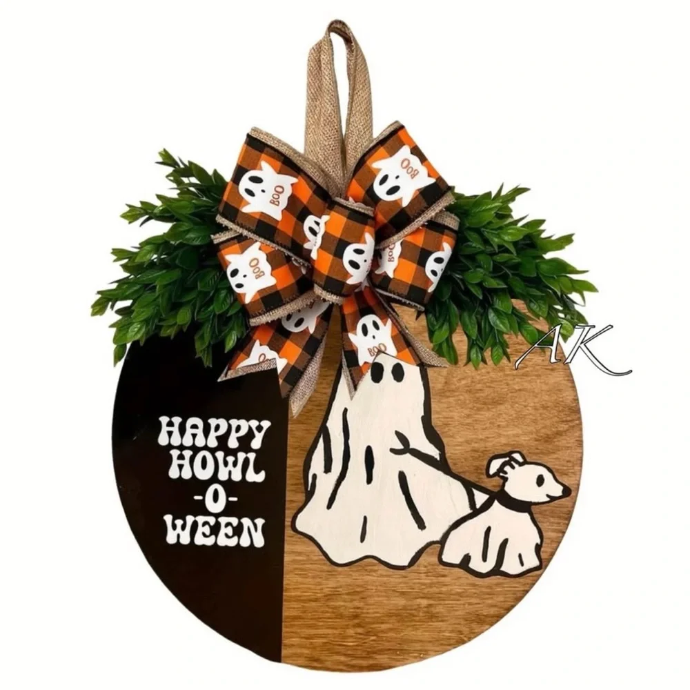 Goblin & Ghoul Ghost Walking Dog HAPPY HOWL -0- WEEN Sign Wreath with Bows 🎃